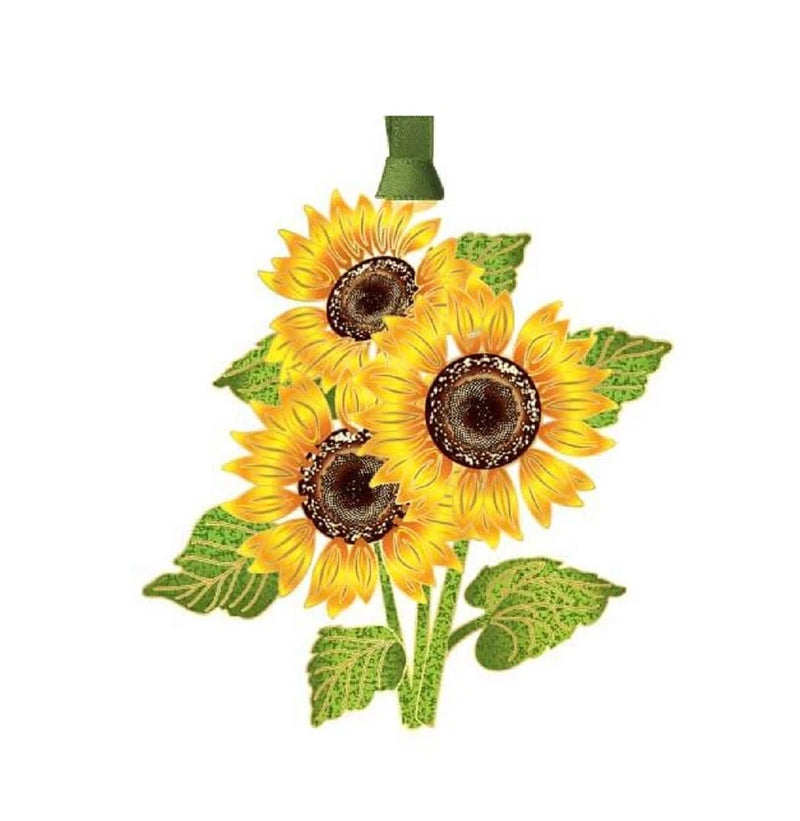 Sunflowers hanging ornament with three yellow blooms, brown centers, green leaves and loop