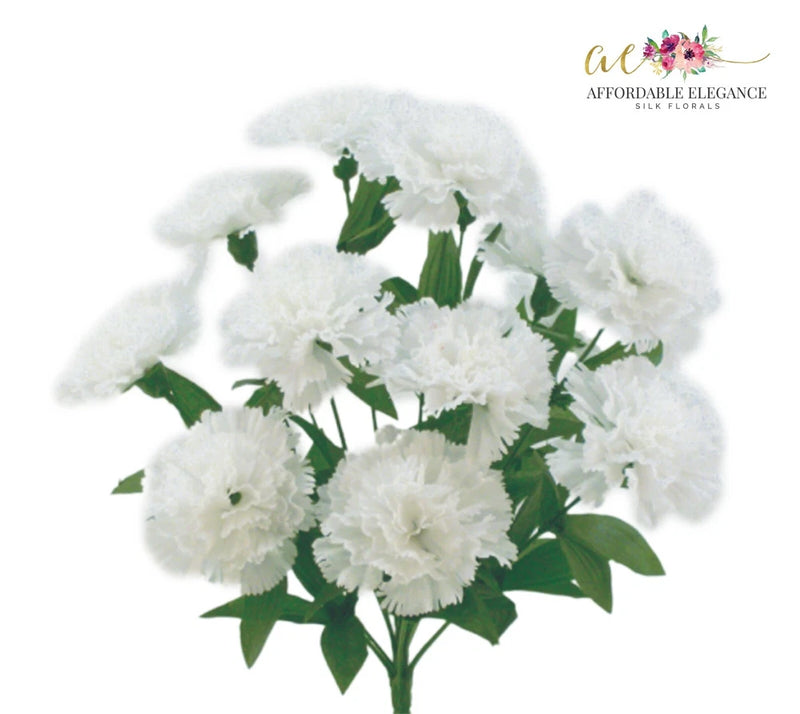 Artificial silk carnation bush bouquet with white blooms and green leaves