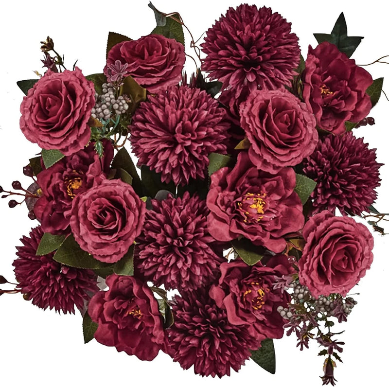 24 Heads Premium Artificial Flowers, Burgundy Silk Flower Peony Bouque Peony