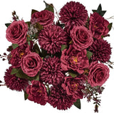 24 Heads Premium Artificial Flowers, Burgundy Silk Flower Peony Bouque Peony