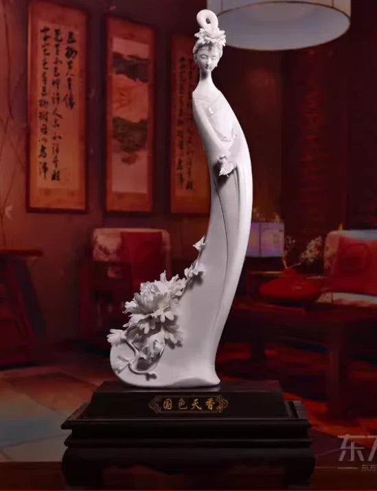 20'' Rare Chinese Dehua White Porcelain Peony Flower Beauty Belle Woman Statue Peony