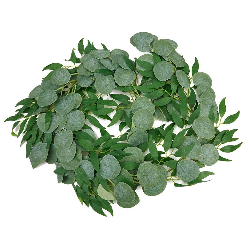 Artificial eucalyptus garland with green eucalyptus-like leaves and vines