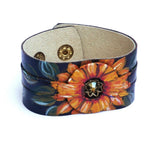 Handmade Adjustable Boho Leather Cuff Painted Sunflower Design Bohemian Cuff Sunflower