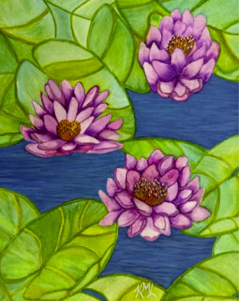 Watercolor painting of pink and purple water lily flowers with green leaves