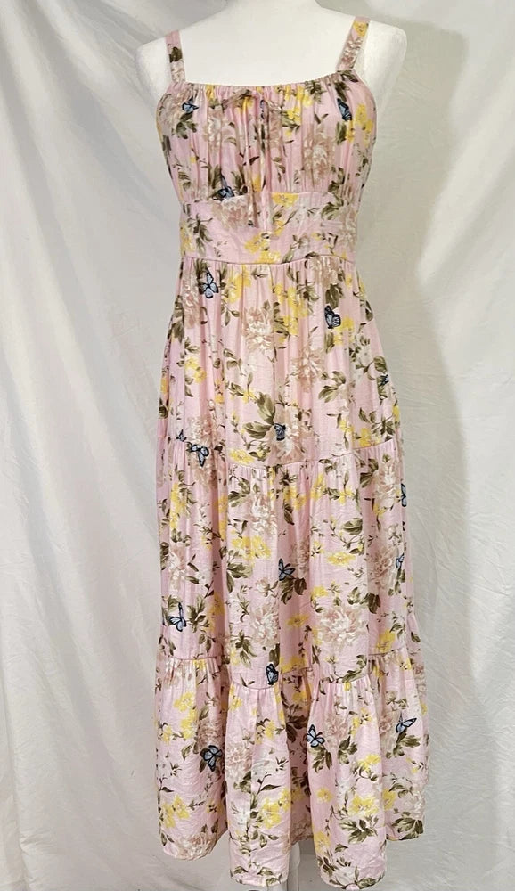 INC Carnation Pink Milkmaid Dress Tiered Sleeveless Fairy Cottagecore Sz 4 Midi Carnation