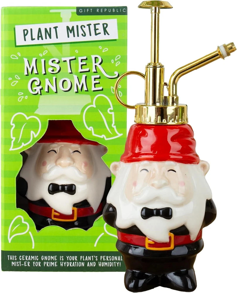 Gnome-themed ceramic plant mister with two gnome figures, red base and brass sprayer