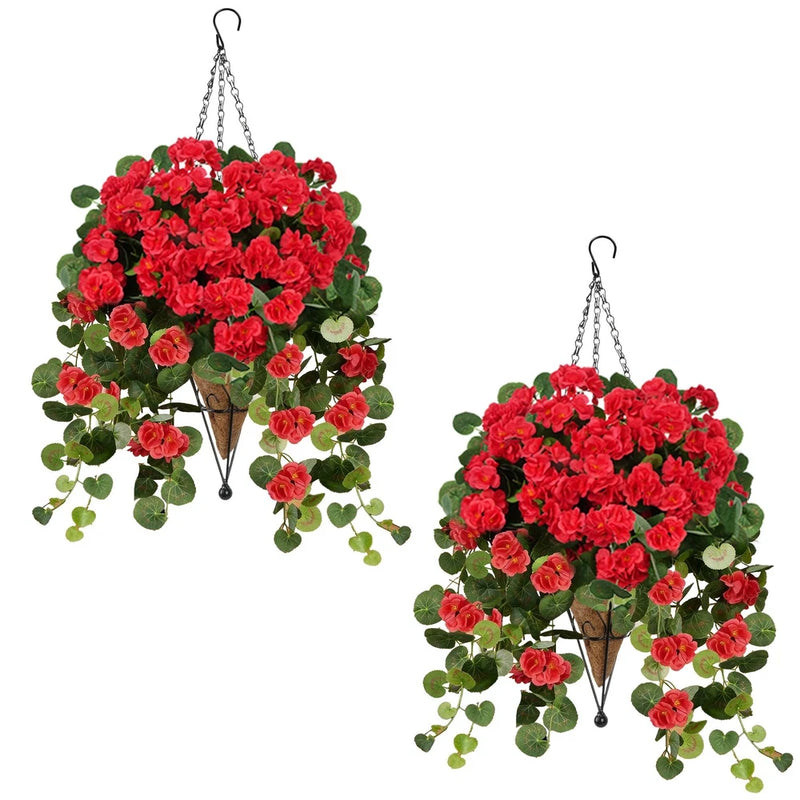 2 Sets Fake Hanging Baskets Artificial Geraniums for 0utdoors UV Resistant Ou... Green Plant