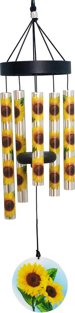 Sunflower wind chime with black top, sunflower-printed tubes, and round sunflower disc