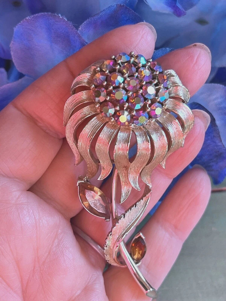 Vint Lisner Signed Aurora Borealis Rhinestone BIG Sunflower Brooch Bride Wedding Sunflower