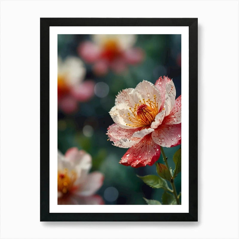 Framed peony flower art print with white and pink blossoms, gold stamen, green leaves
