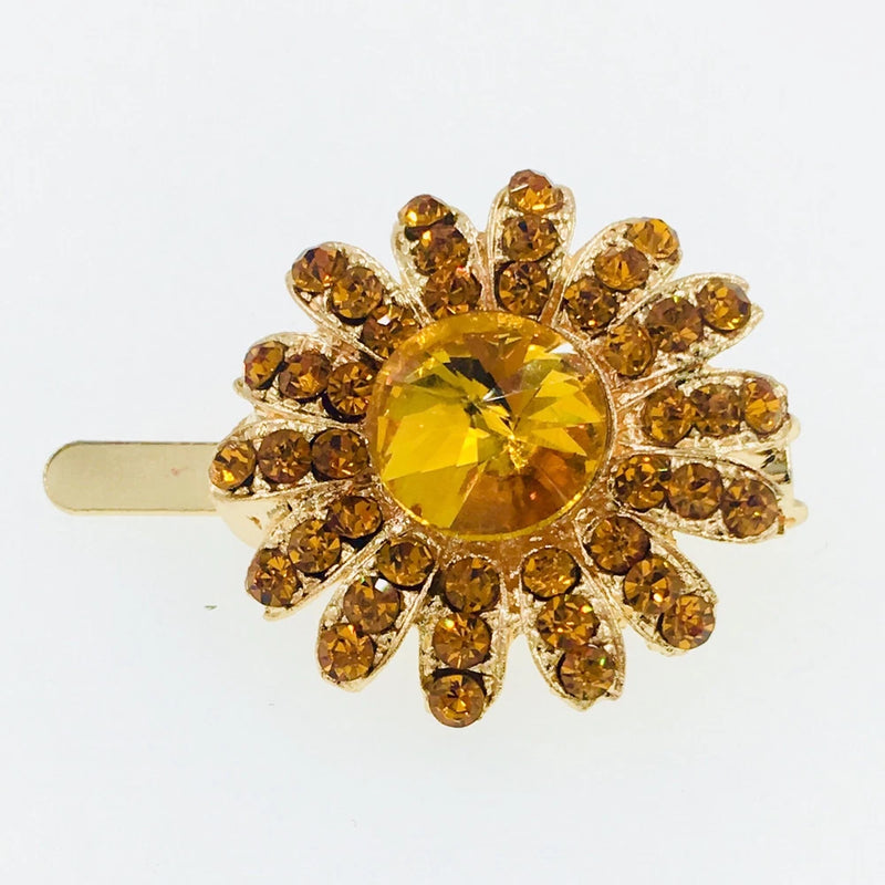 Sunflower rhinestone barrette hair clip with yellow center and gold-toned crystals