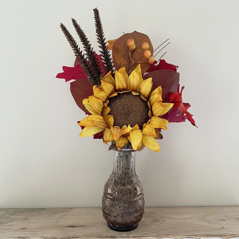Handmade Artificial Floral Sunflower Leaves Fall Arrangement in Amber Glass Vase Sunflower