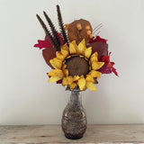Handmade Artificial Floral Sunflower Leaves Fall Arrangement in Amber Glass Vase Sunflower
