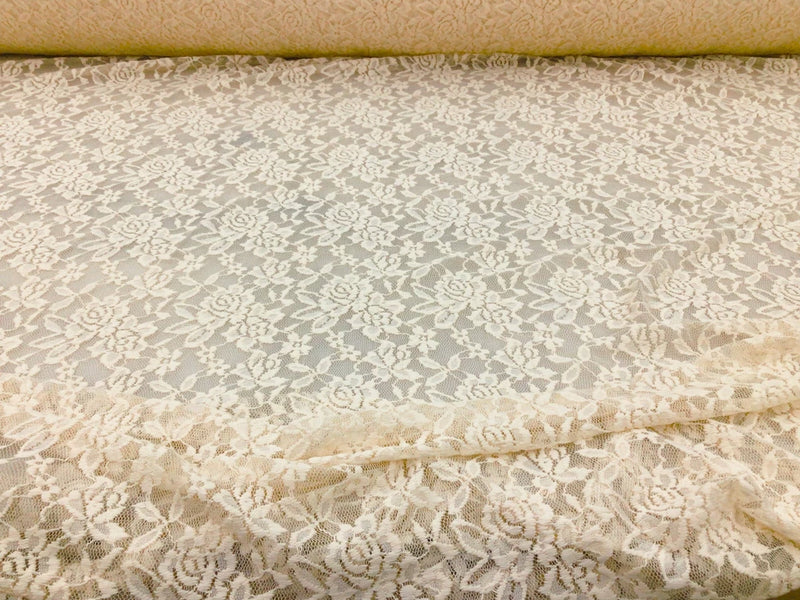 Embroidered Stretch Lace Apparel Fabric Sheer Floral Antique Beige FF310 Flowering Plants