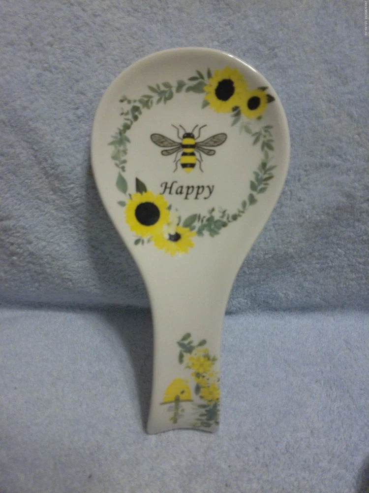 Happy Bumble Bee Flowers Sunflowers Ceramic Spoon Rest New 5" X 10.5" New Sunflower