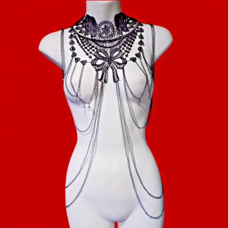 Black lace gothic choker body harness necklace with butterfly motif and long dangling chains