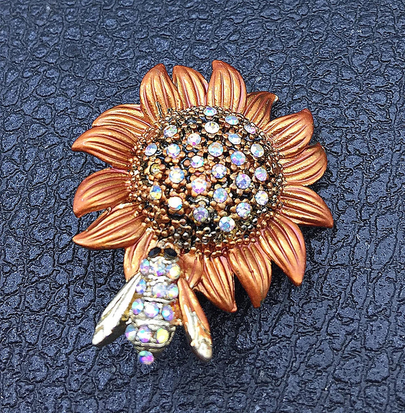 Women's AB Rhinestone Orange Sunflower Honeybee Bee Brooch Pin Sunflower