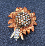 Women's AB Rhinestone Orange Sunflower Honeybee Bee Brooch Pin Sunflower