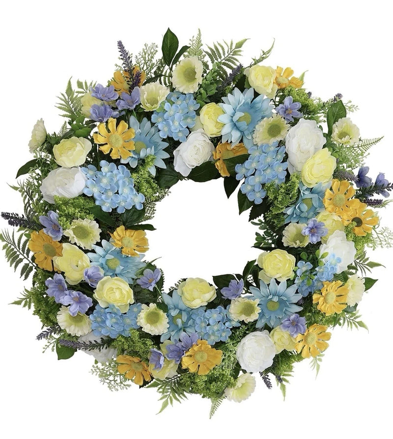 NEW Silk Flower Wreath 24 - 26Ó Ranunculus Daisy Hydrangea Farmhouse Front Door Ranunculus