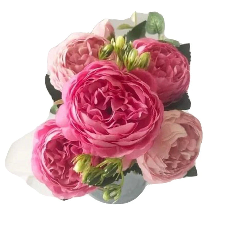 Pink artificial silk peony bouquet with 5 large blooms and 4 buds, green stems
