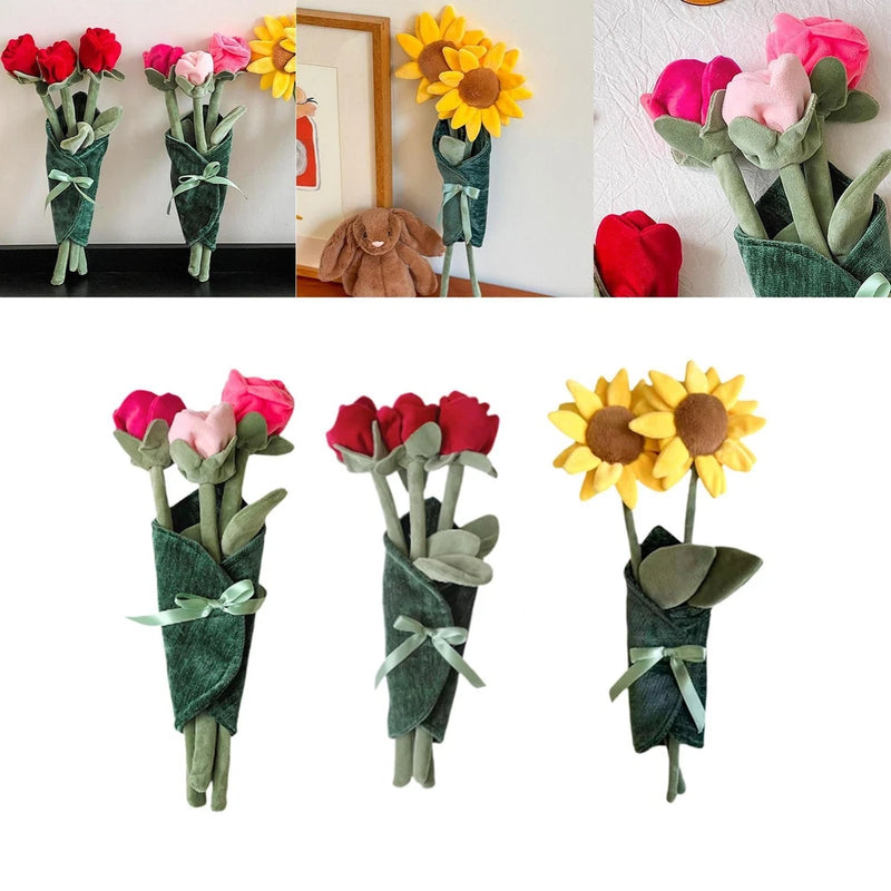 Decorative fabric bouquet with yellow sunflower, pink and red flowers, wrapped in green leaves