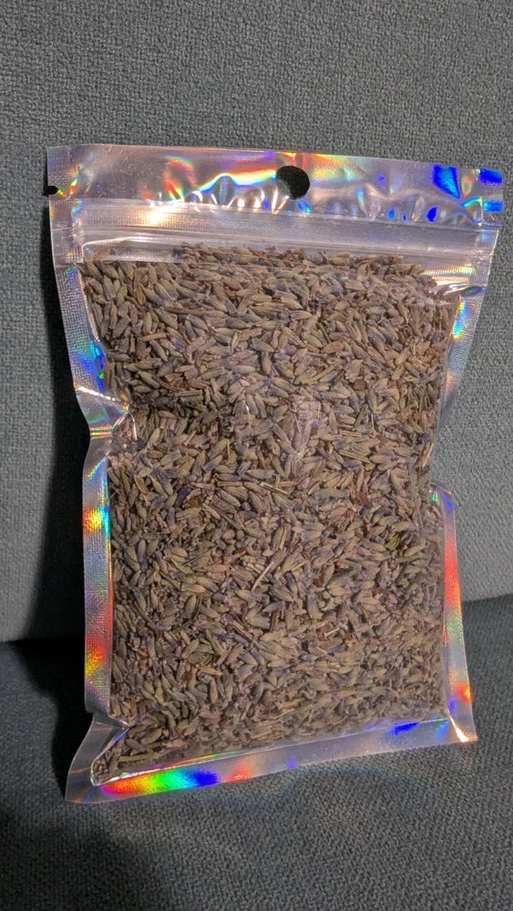 Dried lavender flower buds in resealable metallic pouch