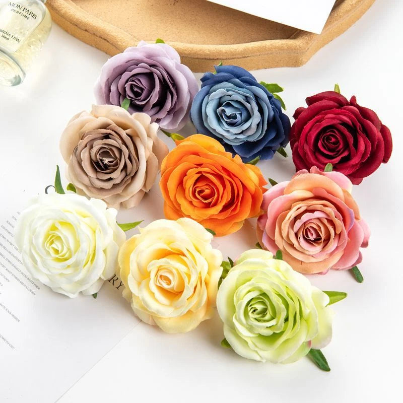 Artificial fake rose flowers, assorted colors with green leaves for home decor