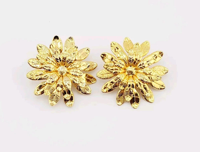 Vtg Earrings Clip Large Flower Layered Fashion Jewelry Goldplated Sunflowers Sunflower
