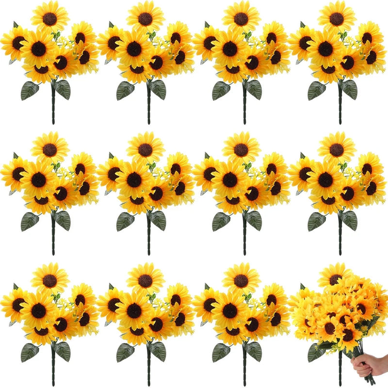 Artificial sunflower flower bundles, yellow blooms with dark centers and green leaves, 12-pack