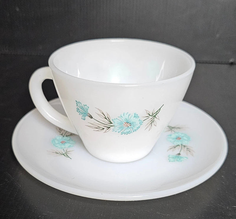 Vintage Fire King ~ Bonnie Blue Carnation Flower ~ Cup & Saucer ~ Milk Glass Carnation