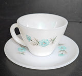 Vintage Fire King ~ Bonnie Blue Carnation Flower ~ Cup & Saucer ~ Milk Glass Carnation