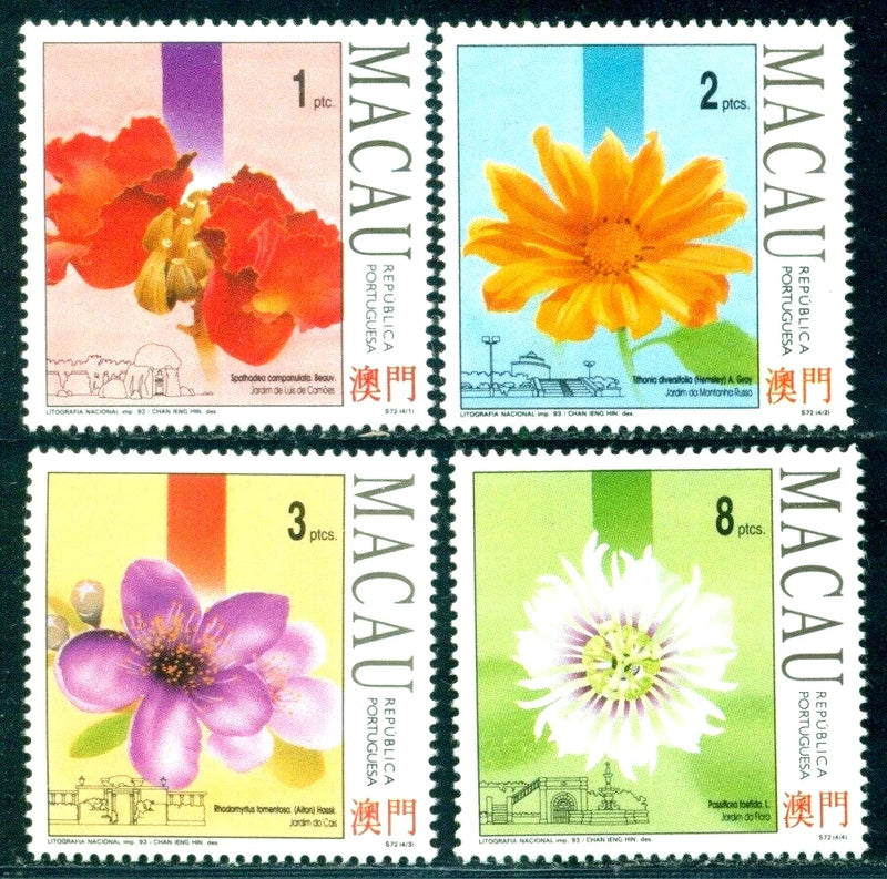 Flower postage stamp set with tulip, sunflower, passionflower, and myrtle designs