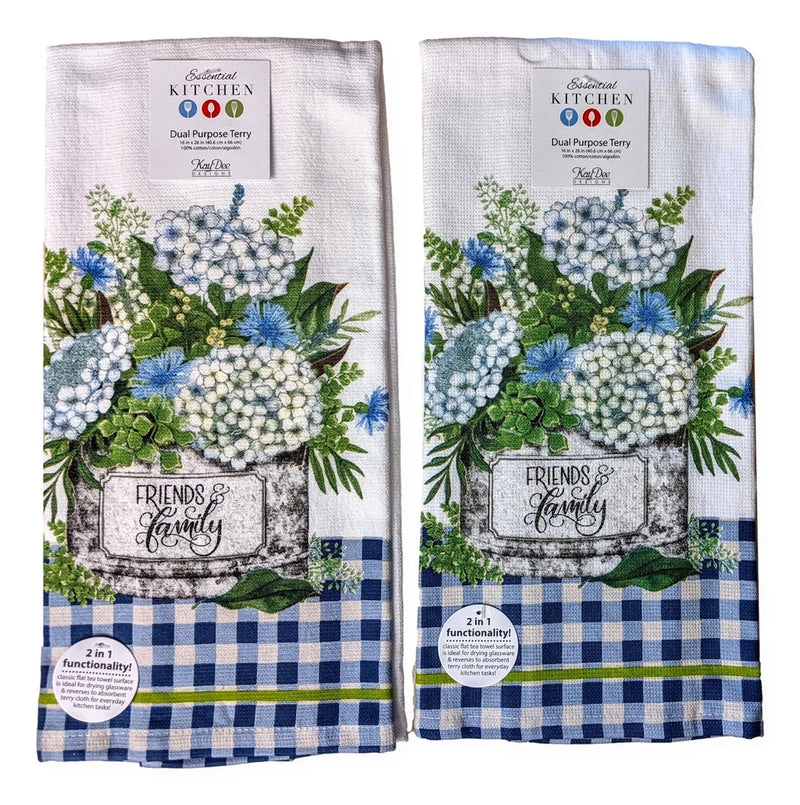 Set of 2 terry kitchen towels with bouquet print, “FRIENDS & Family” and blue check trim
