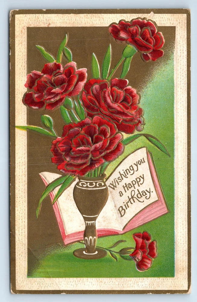 Wishing You A Happy Birthday Red Carnation in Vase Postcard Carnation