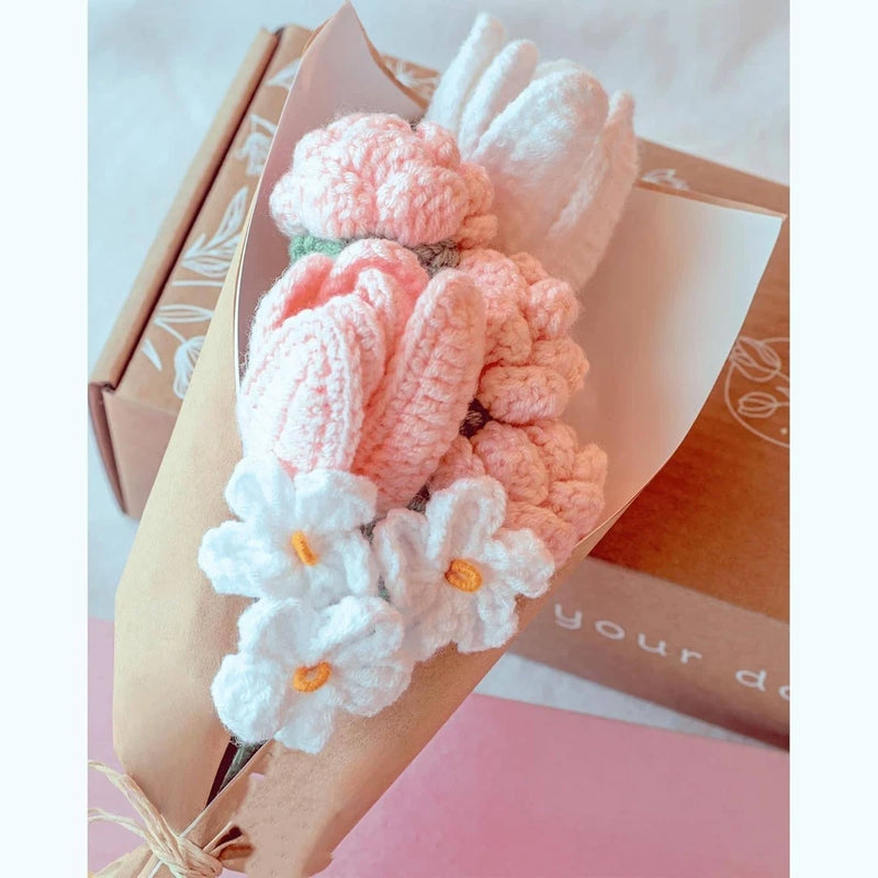 Pink crochet flower bouquet with white tulip and carnation-style blooms