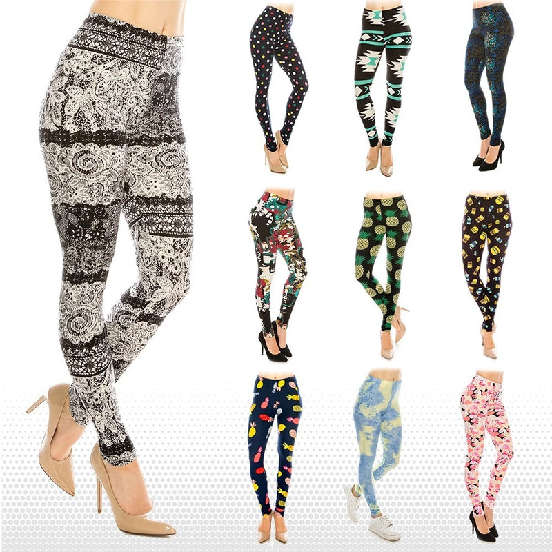 Women's patterned leggings with assorted floral and geometric prints, full-length