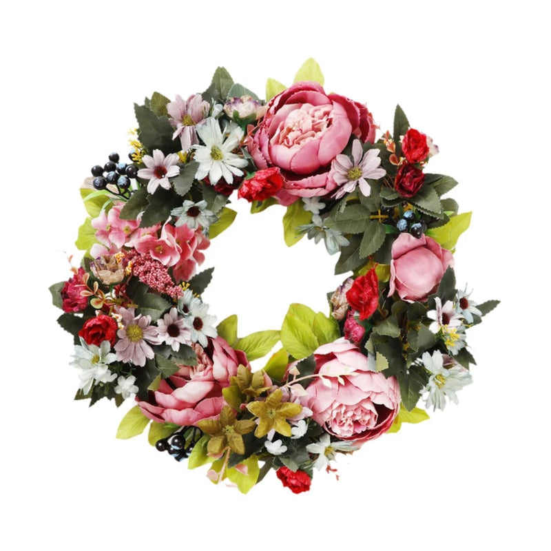 Artificial peony wreath with pink and red blooms, white flowers, and green leaves