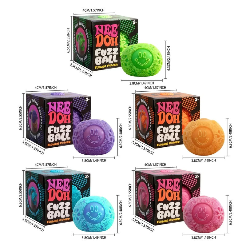 Soft fuzz ball smiley stress squeeze toy set, assorted colors with flower power boxes