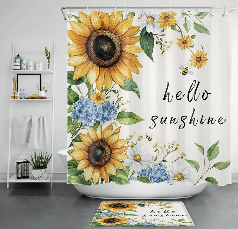 Yellow Sunflower Flower Bee Hello Sunshine Shower Curtain Set for Bathroom Decor Sunflower