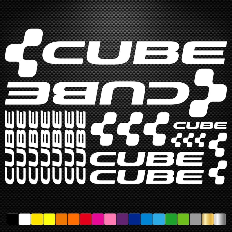 CUBE vinyl decal sticker sheet with white logo pieces and colorful small square accents