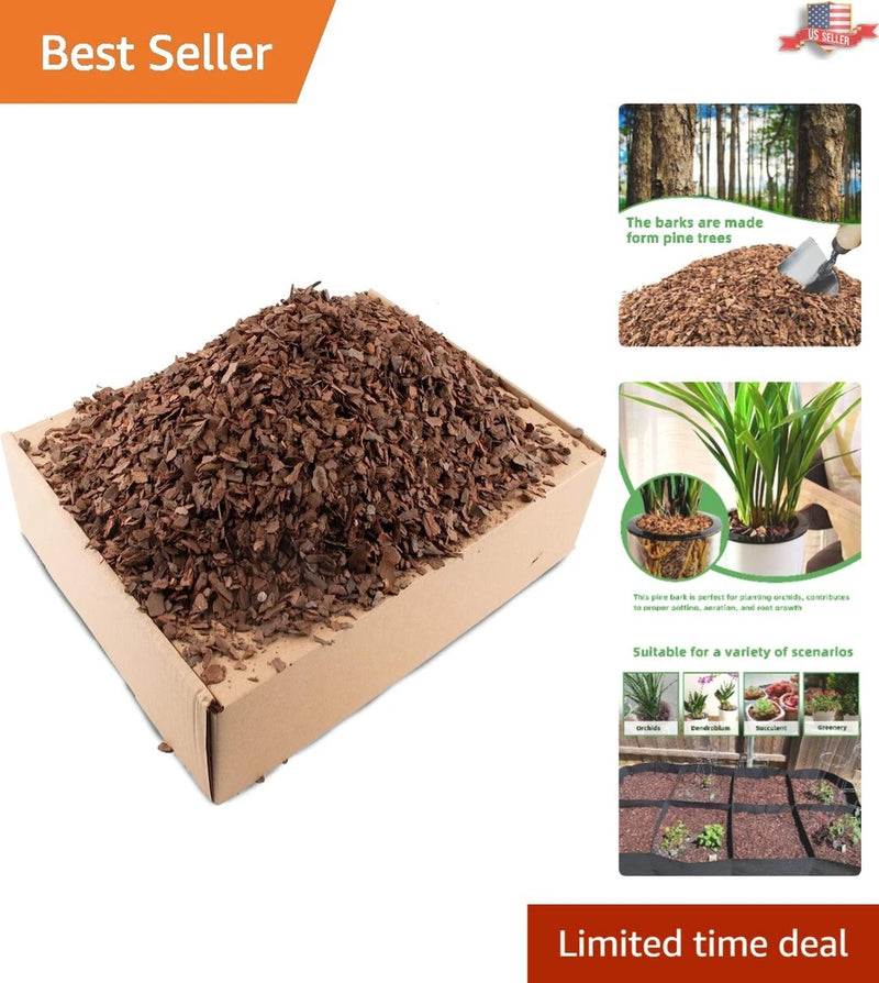 Organic orchid potting bark, dark brown shredded bark in cardboard tray
