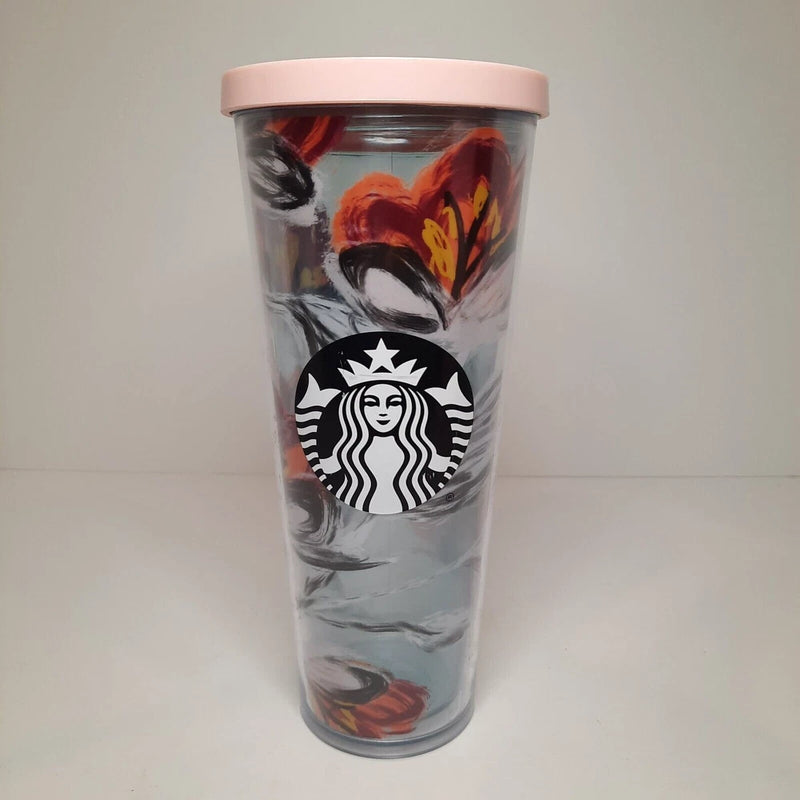 Pink-lidded Starbucks peony floral plastic tumbler, clear 24 oz, no straw