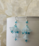 Blue Aqua Sterling Silver Lucite Bell Lily Flower Crystal Earrings Handmade OOAK Lily