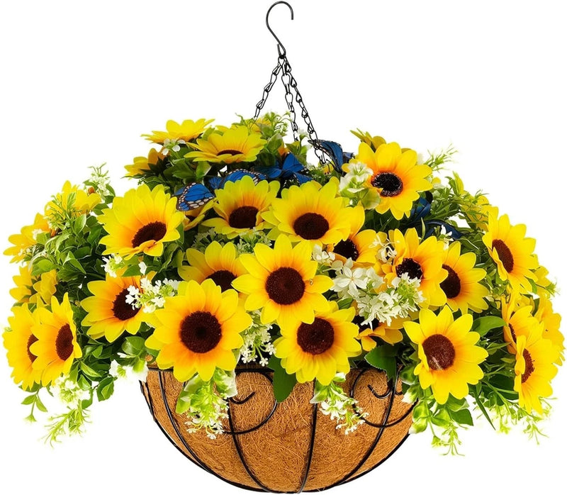 Hanging faux sunflower basket with multiple yellow blooms and green leaves