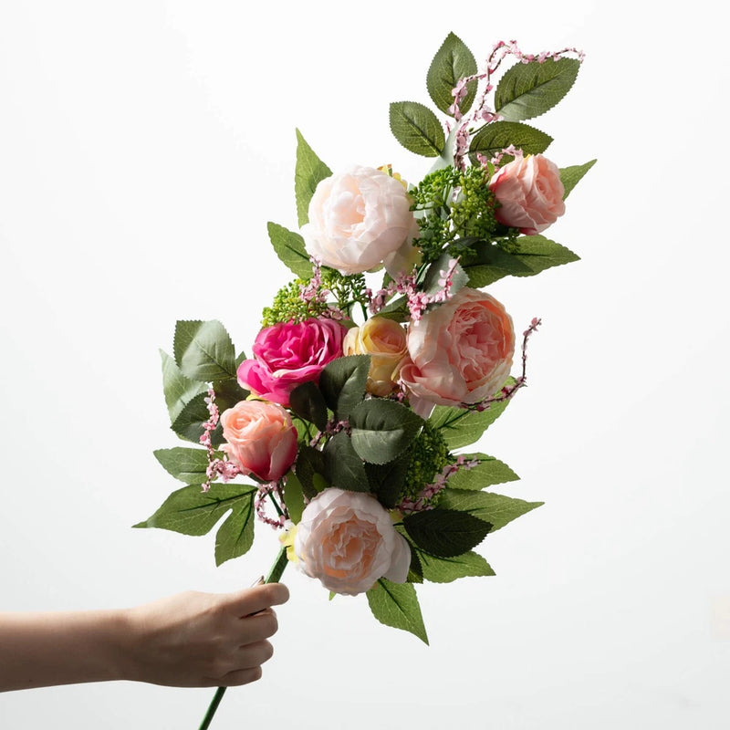 Artificial peony and rose bouquet with pink and peach blooms and green leaves, 28-inch