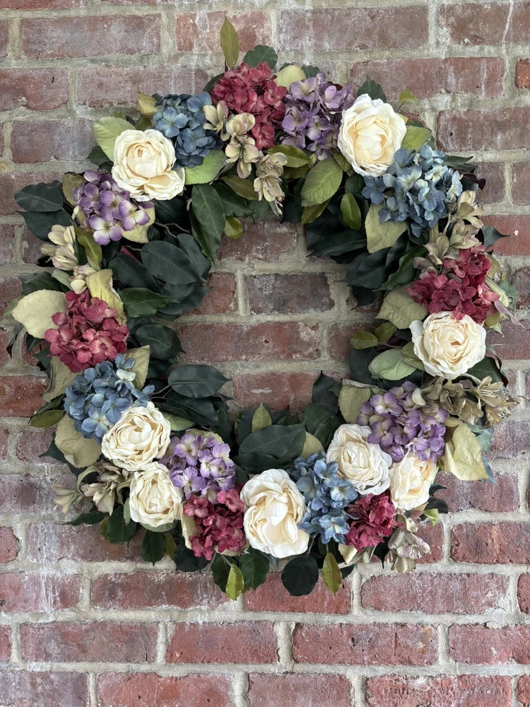 Vintage Hydrangea & Rose Wreath Artificial Flowers 22 Inches Spring Summer Hydrangea