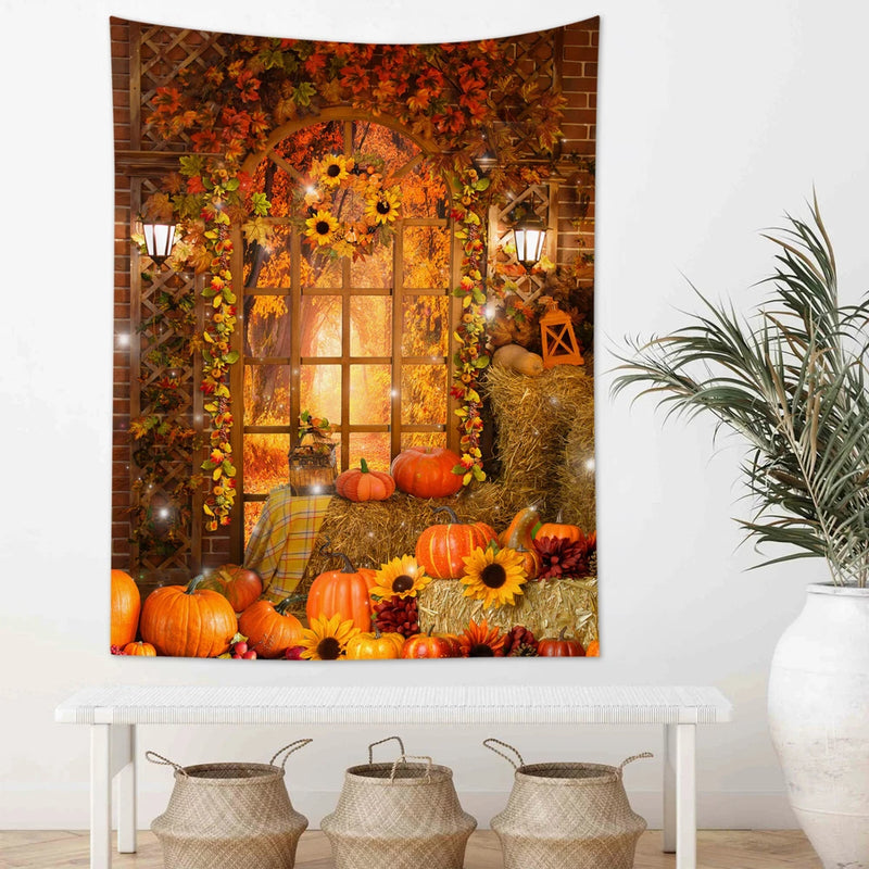 Thanksgiving sunflower tapestry wall hanging with pumpkins and autumn leaves, vertical