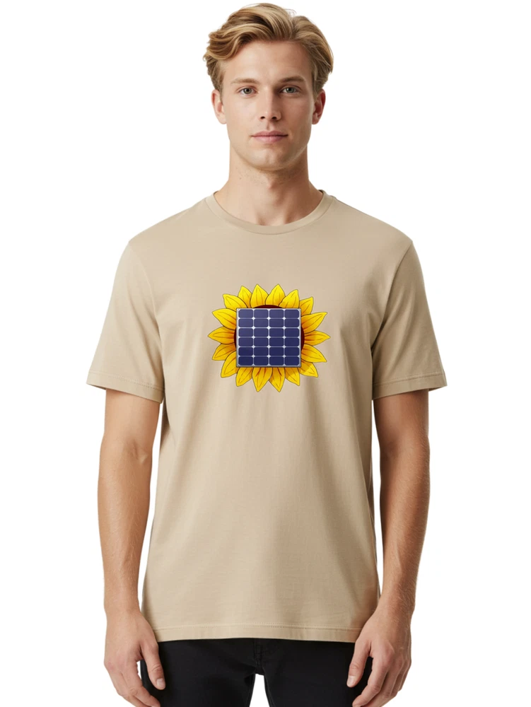 Men's beige crewneck cotton T-shirt with yellow sunflower and blue solar panel graphic