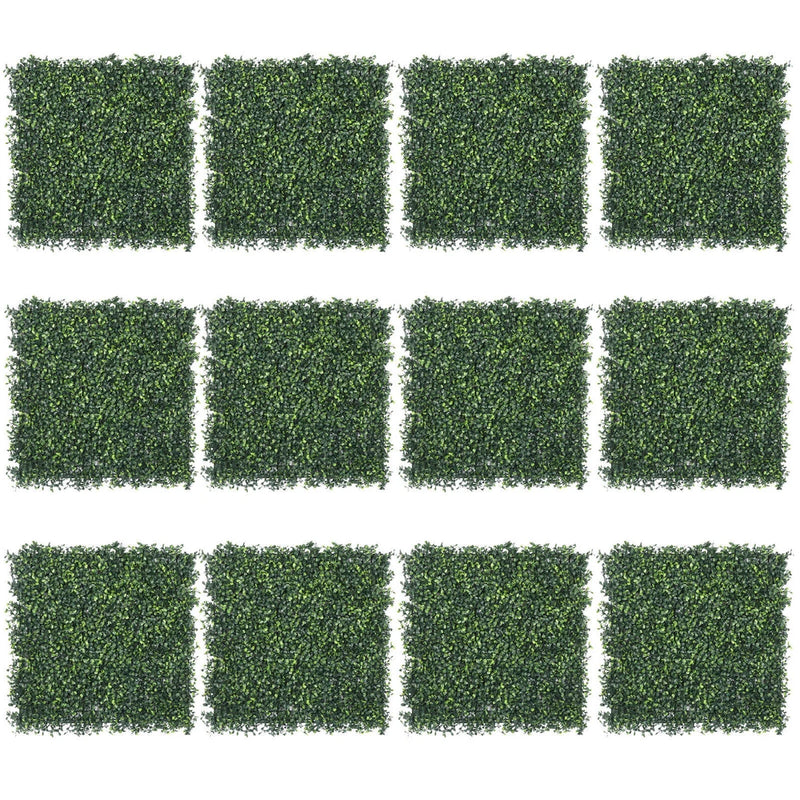 Green square artificial boxwood hedge panels for privacy fence, 19x19 in, 12-pack