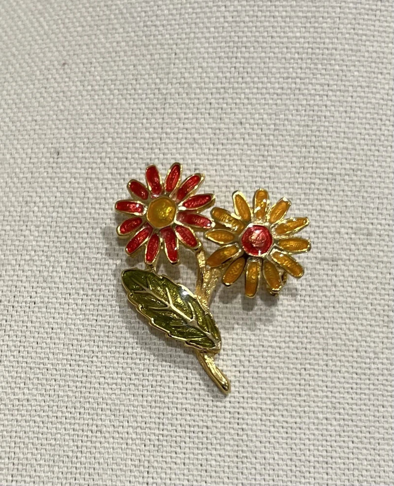 Gold Tone Sunflowers w/Leaf Orange & Red Enamel Flower Brooch Pin 1.5Ó Vintage Sunflower